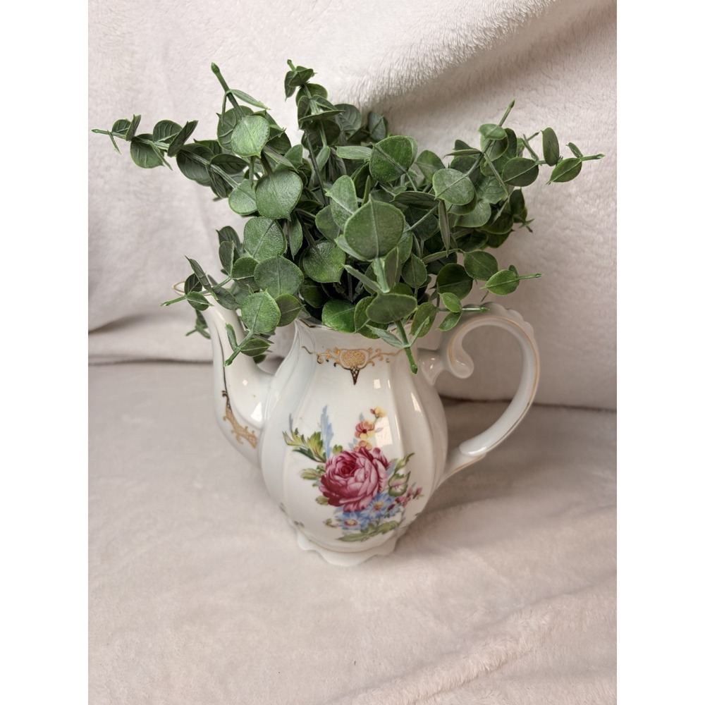 Vintage 60s Japanese Porcelain Floral Teapot Repurposed Vase Faux Eucalyptus